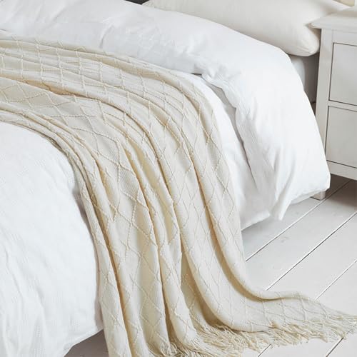 Beige Boho Knitted Throw Blanket 50x60 Inch Soft Acrylic Couch Blanket
