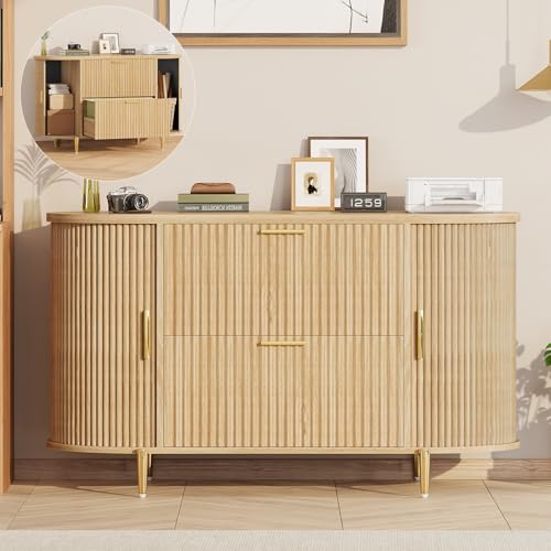 SEDETA Natural Fluted 2-Drawer File Cabinet with Sliding Doors for Home Office