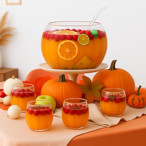 LemonRoad Pumpkin Punch Bowl Set with 6 Cups & Ladle - Fall Halloween Thanksgiving Party Decor