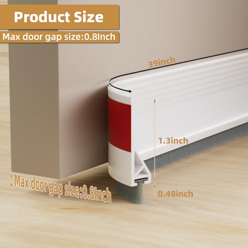 39-Inch Door Draft Stopper with Brush - Adhesive Door Sweep, White