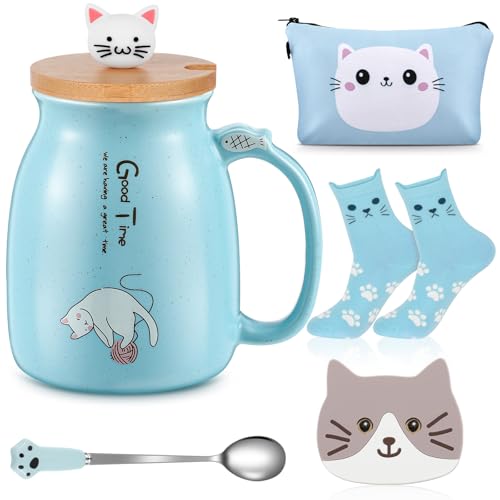 Uiifan Blue Ceramic Cat Mug with Lid & Paw Spoon - Gift Set for Women & Mom