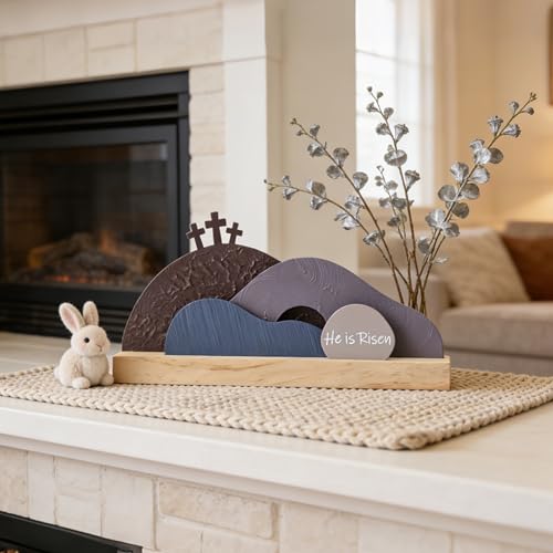 Easter Resurrection Scene Decor Set with Wooden Base - Religious Tombstone Display