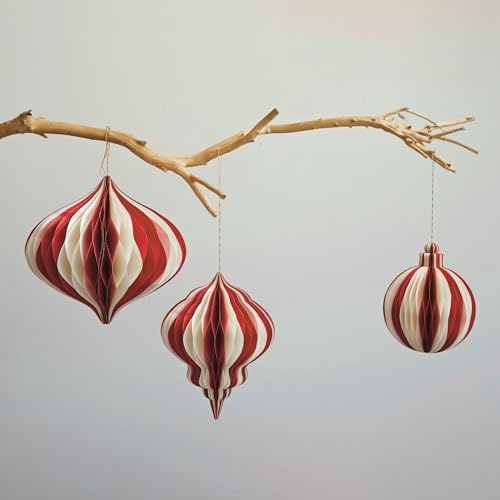 Red Cream Honeycomb Paper Ornament – Glittering 7" Christmas Decoration