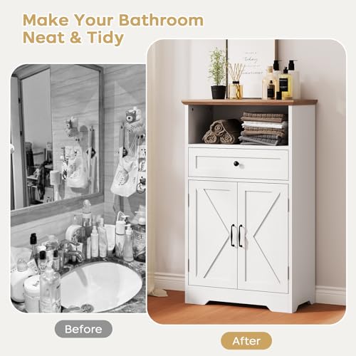 Farmhouse Floor Storage Cabinet with Barn Doors and Drawer, White