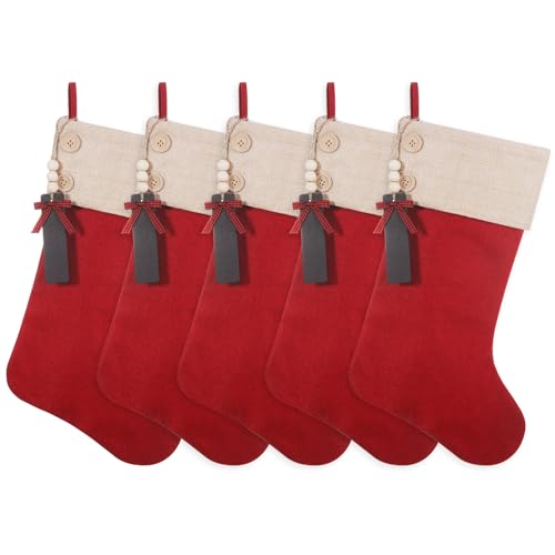 Red Burlap Christmas Stockings Set of 5 - Personalized 19.5 Inch Holiday Decor