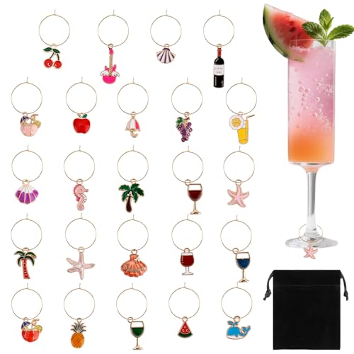 Beach Wine Glass Charms Set - 24 Drink Markers for Stem Glasses, Christmas & Party Favors