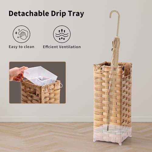 Hand-Woven Rattan Umbrella Stand with Drip Tray and Hooks, 16.5-inch
