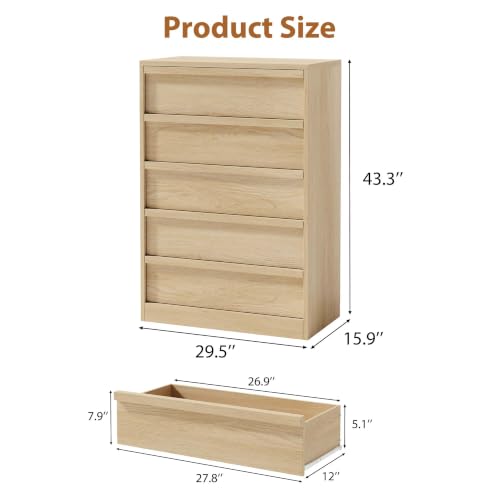 5-Drawer Wooden Dresser, Tall Bedroom Chest with Ample Storage, Natural Oak