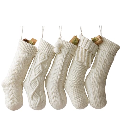 5-Pack 18-Inch Cable Knit Christmas Stockings - Rustic Farmhouse Decor