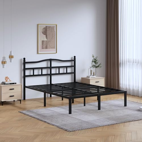 Queen Size 14-Inch Metal Platform Bed Frame with Headboard, Heavy Duty