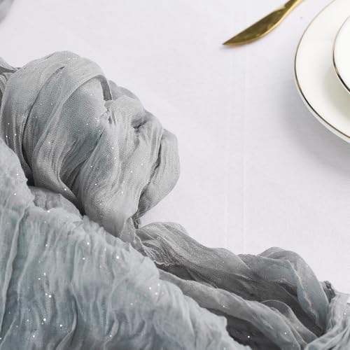 Silver Gray 3-Pack Boho Shimmer Cheesecloth Table Runner 10FT for Weddings Parties