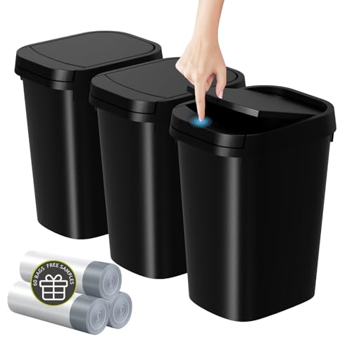 3 Pack Small Trash Can with Lid 2.6 Gallon Slim Matte Black Wastebasket