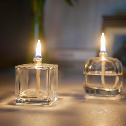 Refillable Clear Glass Oil Lamps (2 Pack) - Small Liquid Candles with Wick