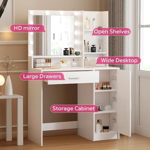 Vanity Desk with Mirror and LED Lights, Dressing Table with Storage Drawers