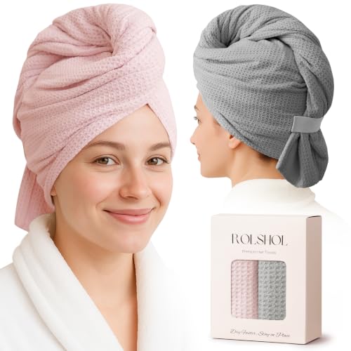 ROLSHOL Microfiber Waffle Hair Towel Wraps for Women - 32x11 Inches, Pink & Grey Pack