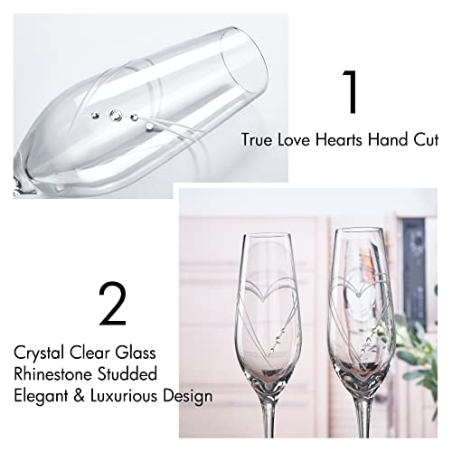 Love Heart Champagne Flutes Set of 2 - Bride & Groom Wedding Toasting Glasses with Crystals, Hand-Blown Crystal Glassware, Parihy