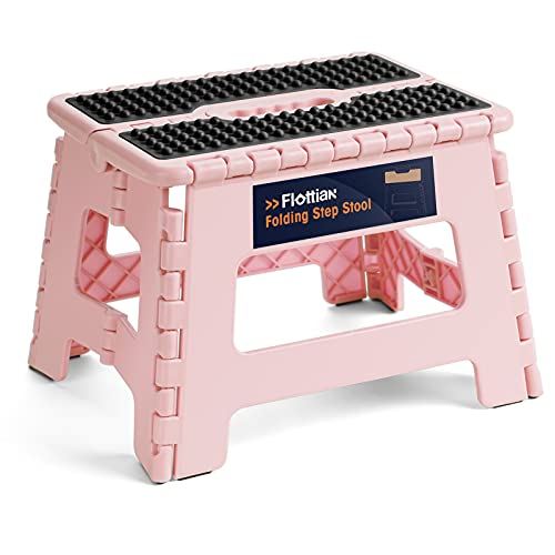 9 Inch Folding Step Stool with Handle - Non-Slip Plastic Stool (Pink)