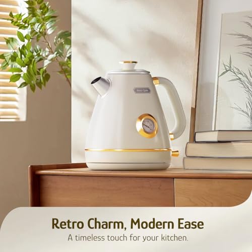 Retro Electric Kettle 1.7L Stainless Steel with Temperature Dial, Pearl White