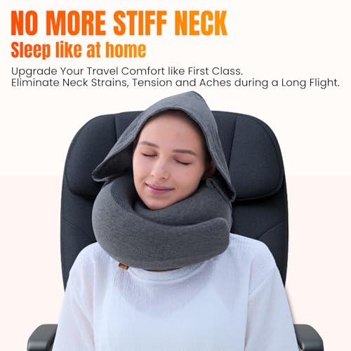 Hooded Pro Travel Pillow - Memory Foam Neck Support, Cotton Fabric