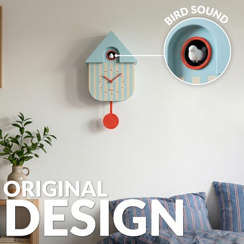 Modern Cuckoo Wall Clock with Pendulum - Blue and Beige Striped