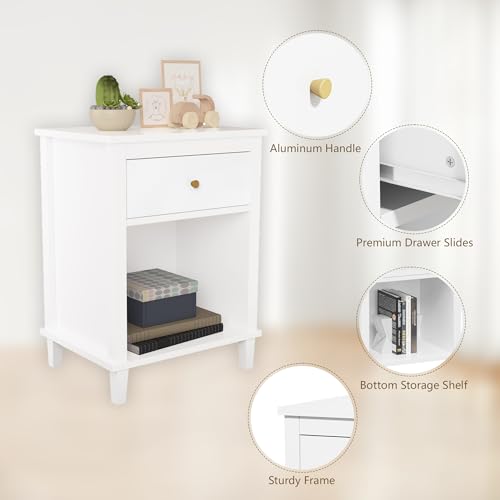 Modern Kids Nightstand with Drawer, White MDF Bedside Table for Bedroom