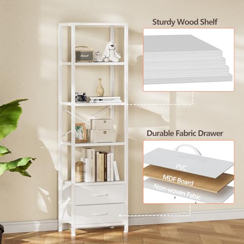 5-Tier Corner Bookshelf with 2 Storage Drawers, White Tall Narrow Shelf