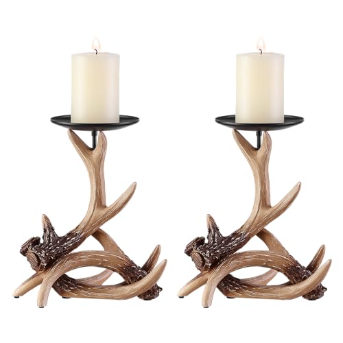 ACH003-2PCS Rustic Antler Candle Holders Fits 3.3" Candles - Brown, Set of 2