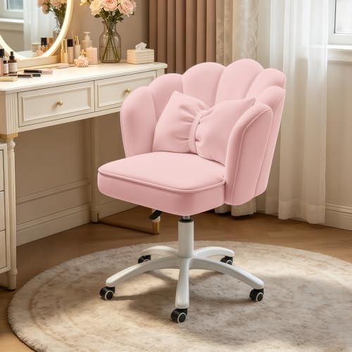 Velvet Petal Desk Chair with Bow Cushion and Swivel Wheels