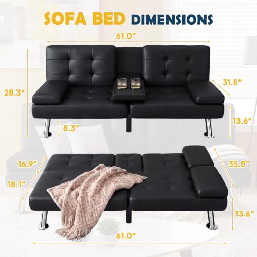 Adjustable PU Leather Futon Sofa Bed with Cup Holders and Armrests