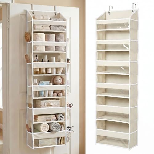 6-Tier Over the Door Storage Organizer with 12 Side Mesh Pockets - Ivory
