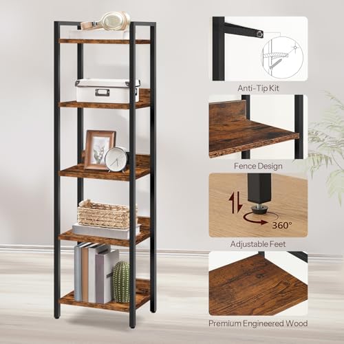 5-Tier Standing Bookshelf, Rustic Industrial Storage Organizer