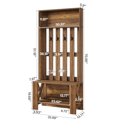 Rustic Hall Tree with Shoe Bench and Coat Hooks, 71-inch Entryway Organizer