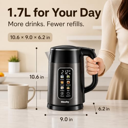 Mecity 1.7L Electric Kettle Touch Screen Temp Control No Plastic Water Boiler Grey & Black