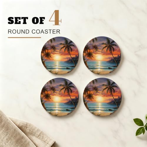 Yeahhhlife Beach Sunset Coaster Set of 4 - Absorbent Ceramic Round Coasters with Cork Backing