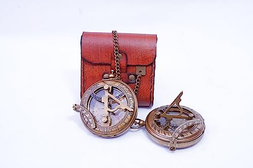 Handcrafted Antique Brass Sundial Compass with Protective Leather Case