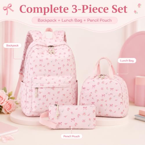 Girls School Backpack Set with Insulated Lunch Box & Pencil Bag - Pink Bow