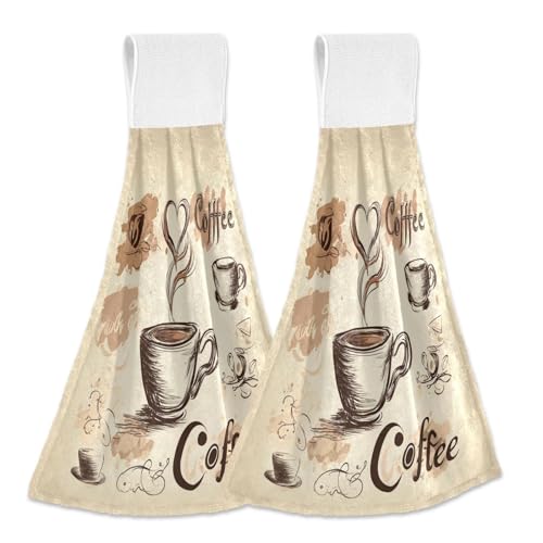 Coffee Theme Hanging Kitchen Towels - Soft Absorbent Coral Fleece Set of 2