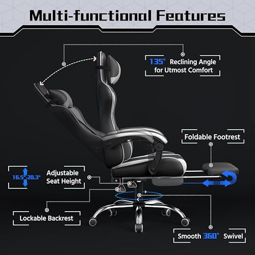 Ergonomic Gaming Chair with Massage Lumbar Pillow and Retractable Footrest