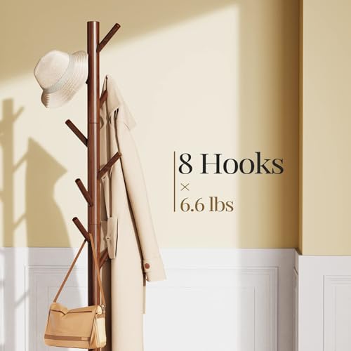 Solid Wood Freestanding Coat Rack with 8 Hooks - 3 Height Options