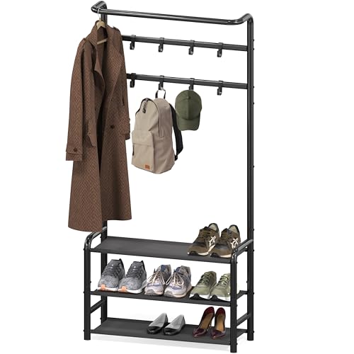 Standing Hall Tree with Hanging Rod, 8 Hooks, and Storage Shelves, Black Metal
