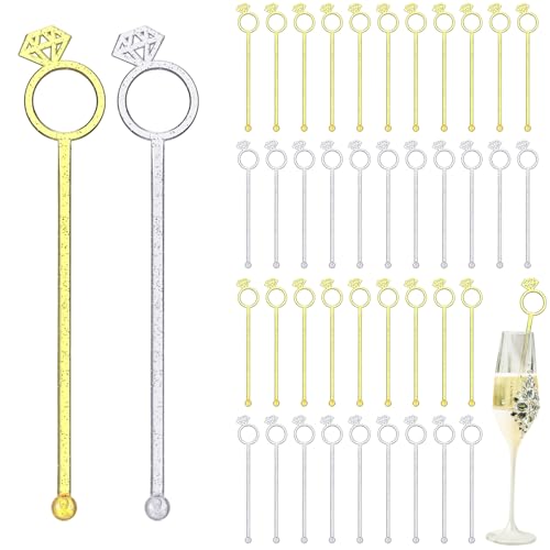 SiliFine 30 Pcs Diamond Ring Drink Stirrers - Golden & Silver Wedding Cocktail Picks