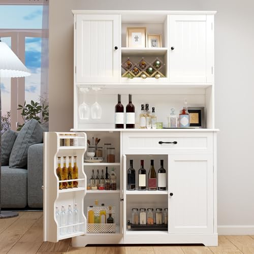 67" Tall Kitchen Pantry Cabinet with Coffee Bar Hutch & Storage - White