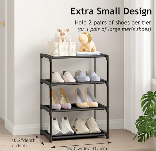 4-Tier Narrow Shoe Rack - Stackable Small Space Storage Shelf (16.3" Wide)