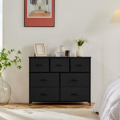 7 Drawer Fabric Dresser for Bedroom Storage with Wooden Top and Steel Frame