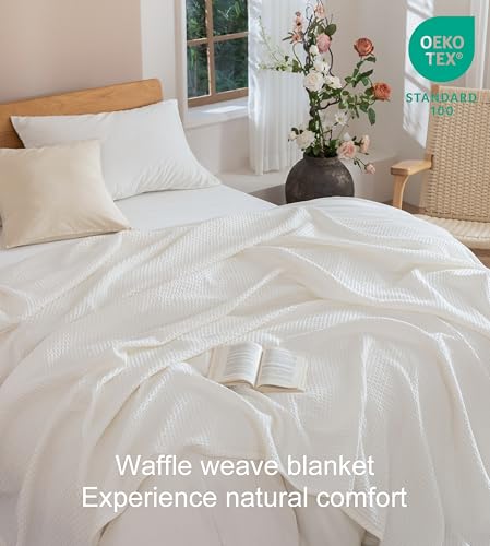 Talasily 100% Cotton King Blanket - White 108x90 in Waffle Weave, Lightweight All-Season