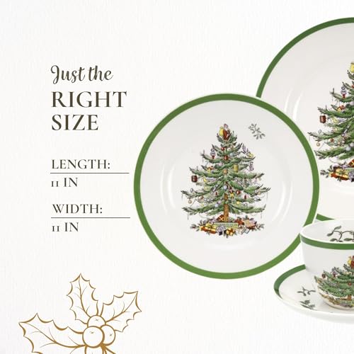 Spode 7 Oz Christmas Tree Dinnerware Set of 5 - Holiday Earthenware with Holly Accents