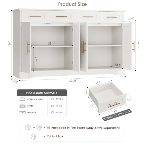 60" Modern Sideboard Buffet Cabinet with 4 Drawers & Storage, White