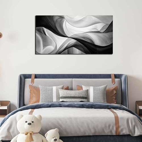 Abstract Minimalist Curve Line Canvas Wall Art, Black and White, 40x20 Inch