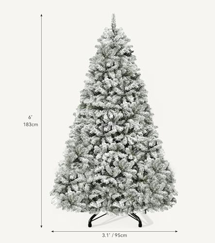DWVO 6FT White Pre-Lit Flocked Christmas Tree with 936 Tips, 250 LEDs, Auto-Hinge