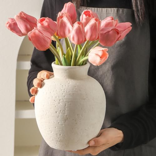 Rustic Ceramic Flower Vase - Handcrafted Farmhouse Table Decor (7.4 Inch)